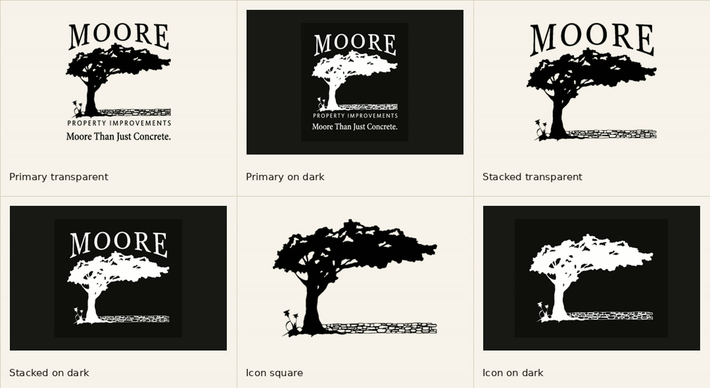 Contact sheet of the Moore Property Improvements mark family: primary and stacked lockups plus the tree icon, each shown on light and dark grounds