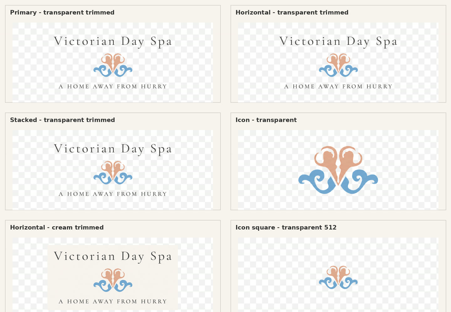 Contact sheet of the Victorian Day Spa mark family: primary, horizontal, stacked, and icon-only versions on transparent and cream grounds