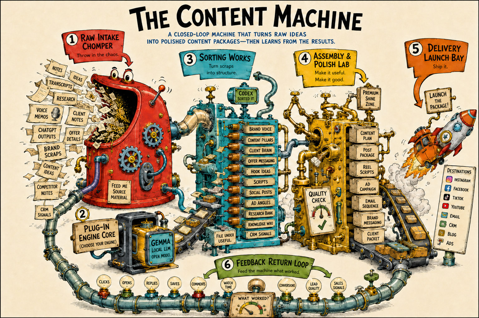 Illustrated schematic of the Content Machine as a storybook contraption. Six numbered stages run left to right: a red Raw Intake Chomper eating labelled scraps such as notes, transcripts, research, voice memos and client notes; a Plug-In Engine Core marked choose your engine; a teal Sorting Works filing drawers for brand voice, content pillars, client brain, offer messaging, hook ideas, scripts, social posts and ad angles; a gold Assembly and Polish Lab with a quality-check gauge; a Delivery Launch Bay loading boxes for content plan, post package, reel scripts, ad campaign, email sequence and client packet onto a rocket, beside a destinations board; and a Feedback Return Loop running back along the bottom through gauges for clicks, opens, replies, saves, comments, watch time, conversions and lead quality.
