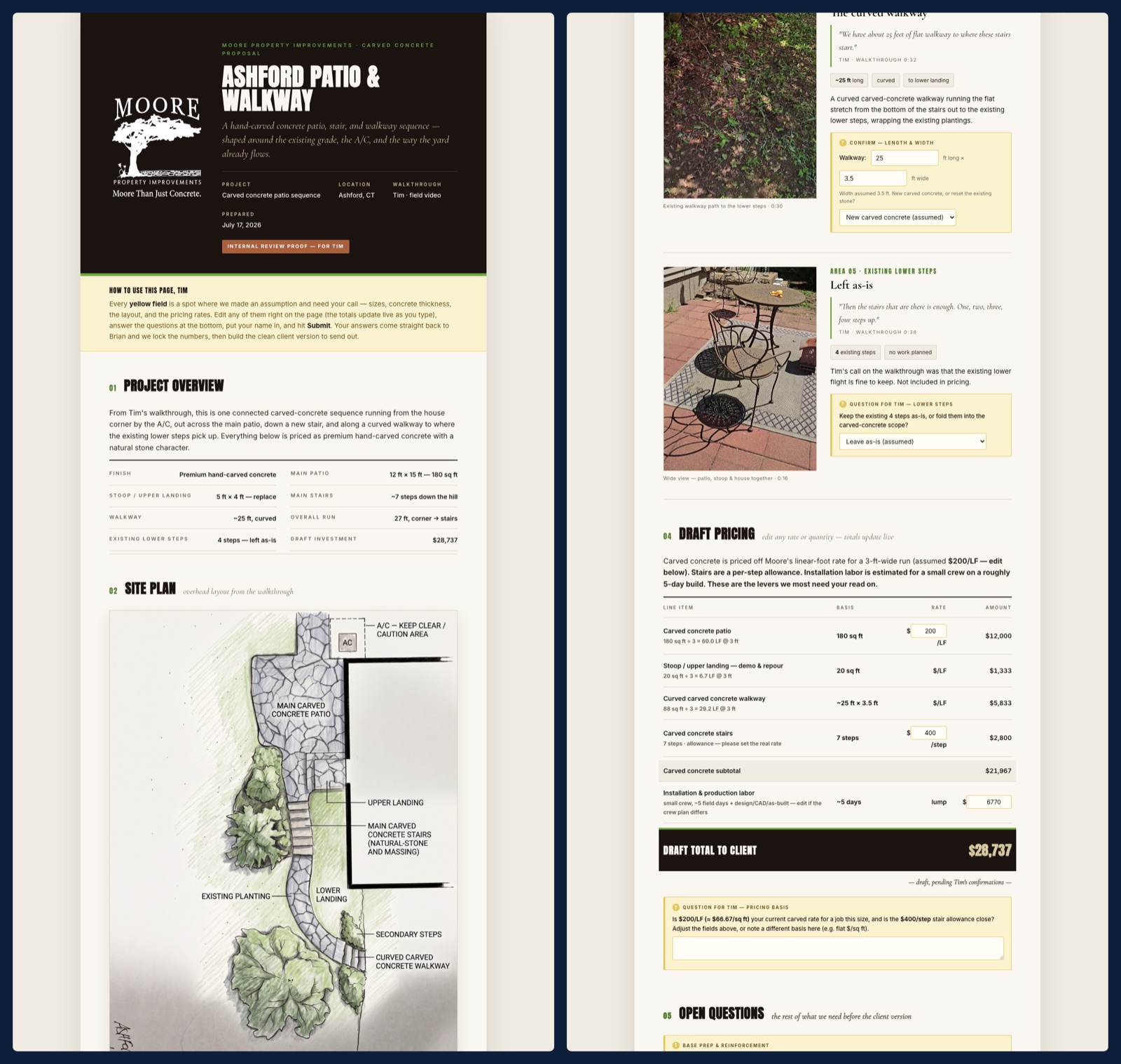 Two zoomed-out columns of a branded proposal website: a dark cover page with the contractor's logo and project title, a project overview, the drawn site plan; then walkthrough photos with scope notes, an itemized pricing table with editable rates, and a draft total of $28,737.