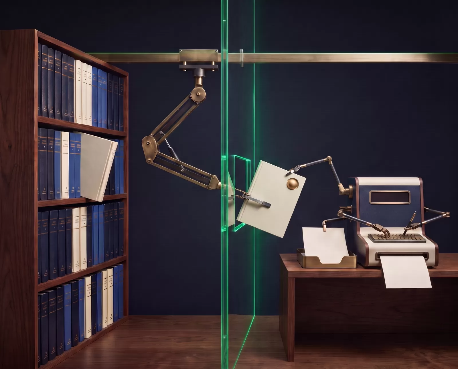 A retrieval arm passes an ivory book with a small gold marker through a glowing green glass approval gate to a multi-armed operator