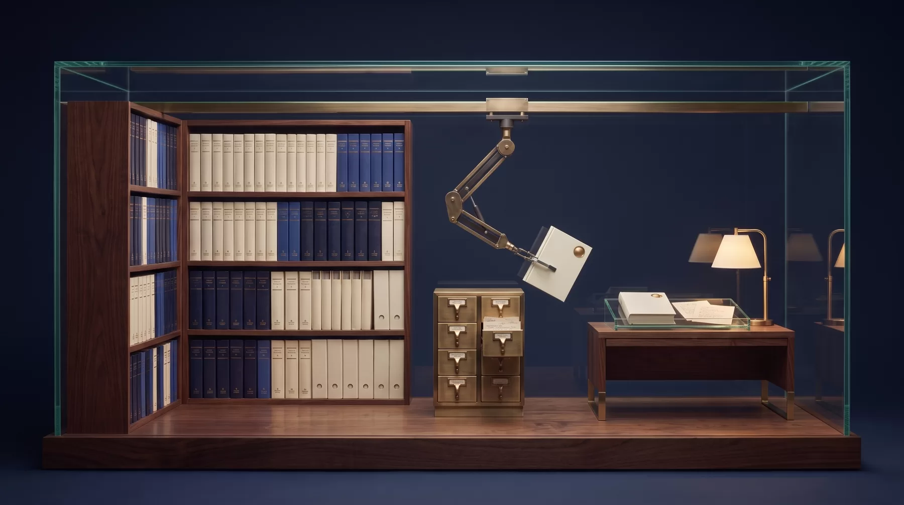 An organized library, card catalog, and temporary reading desk show stored memory, retrieval, and active context