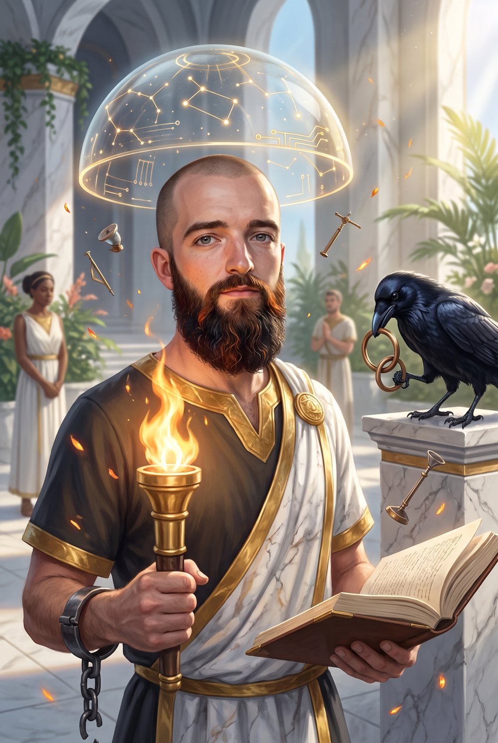Brian Barnicle drawn as Prometheus in a sunlit marble temple: a dark-bearded figure in white and gold robes holding a lit torch in one hand and an open book in the other, a broken iron shackle and snapped chain hanging from his wrist, a glowing dome of constellations and circuitry floating above his head, and a black raven on a plinth beside him working at a pair of interlocked bronze rings while onlookers watch from the colonnade