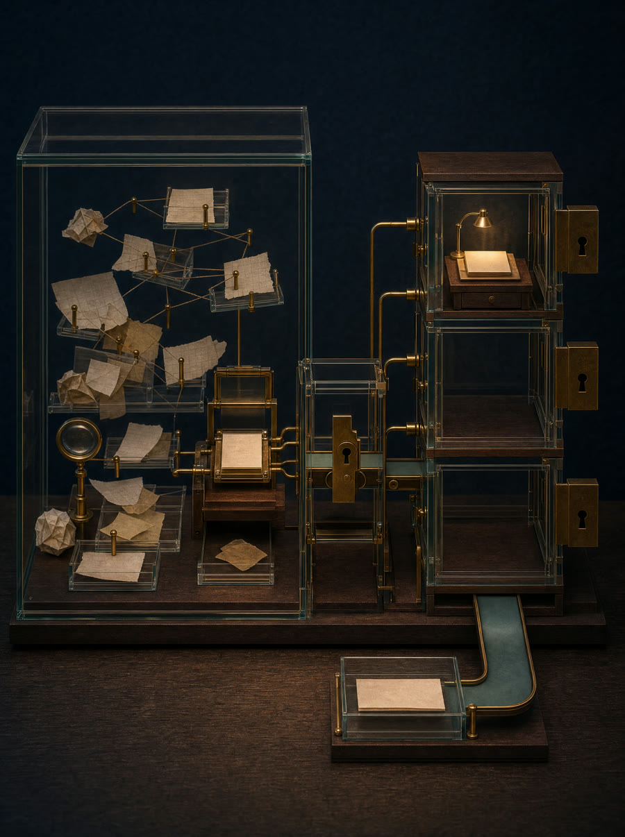 A glass refinery that separates research and proposed knowledge from approved output