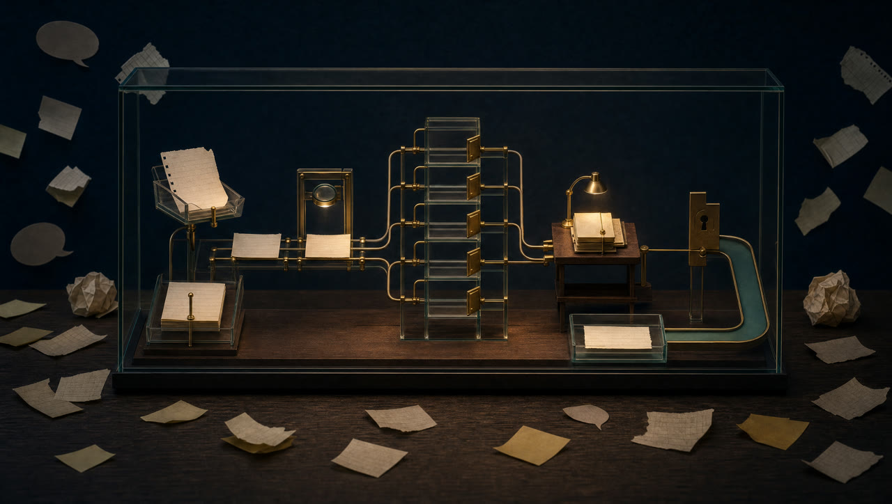 A glass workshop routing one preserved thought through a governed system